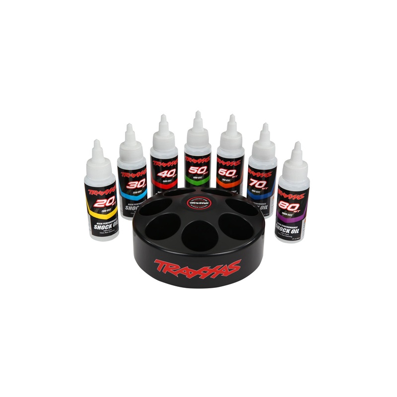 TRAXXAS 5038X Shock oil set includes 20 wt, 30 wt, 40 wt, 50 wt, 60 wt, 70 wt, & 80 wt premium shock oils with spinning carousel rack
