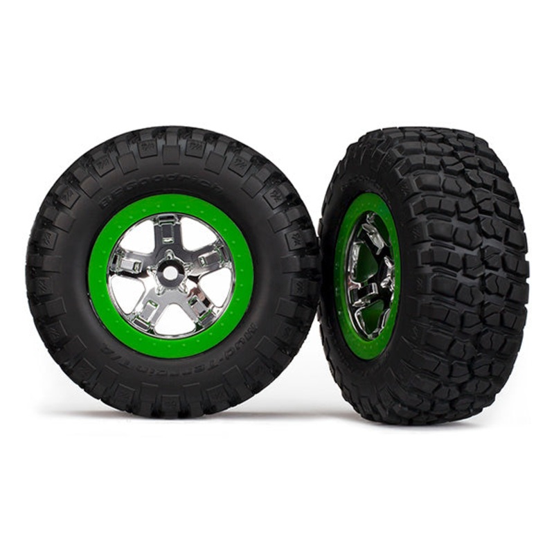 TRAXXAS 5865 Tires & Wheels, Assembled, Glued (SCT, Chrome, Green Beadlock Wheel, BFGoodrich Mud-Terrain T/A KM2 tire (2WD front only)