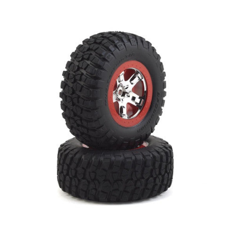 TRAXXAS 5867 Tires & wheels assembled glued SCT chrome red beadlock style wheels BFGoodrich Mud-Terrain T/A KM2 tires, 4WD front / rear 2WD rear only