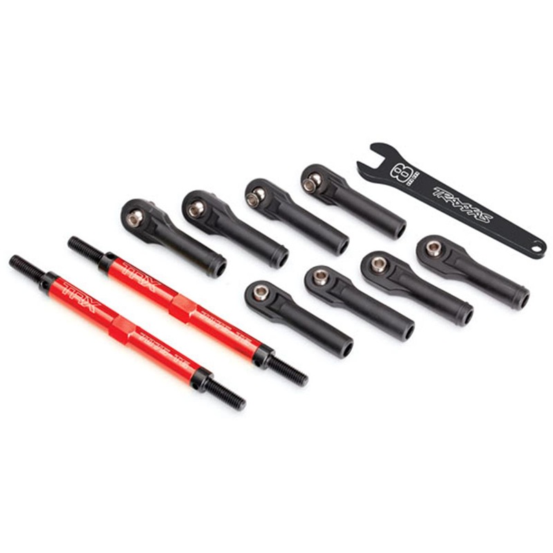 TRAXXAS 8638R Toe links, E-Revo VXL TUBES red-anodized, 7075-T6 aluminum, stronger than titanium 144mm (2)/ rod ends, assembled with steel hollow balls (8)/ aluminum wrench, 10mm (1)