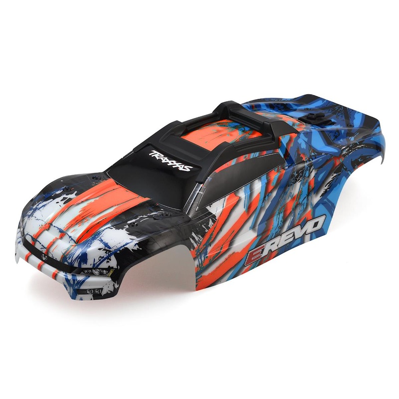 TRAXXAS 8611A Lexan Body, E-Revo, orange/ window, grill, lights decal sheet (assembled with front & rear body mounts and rear body support for clipless mounting)