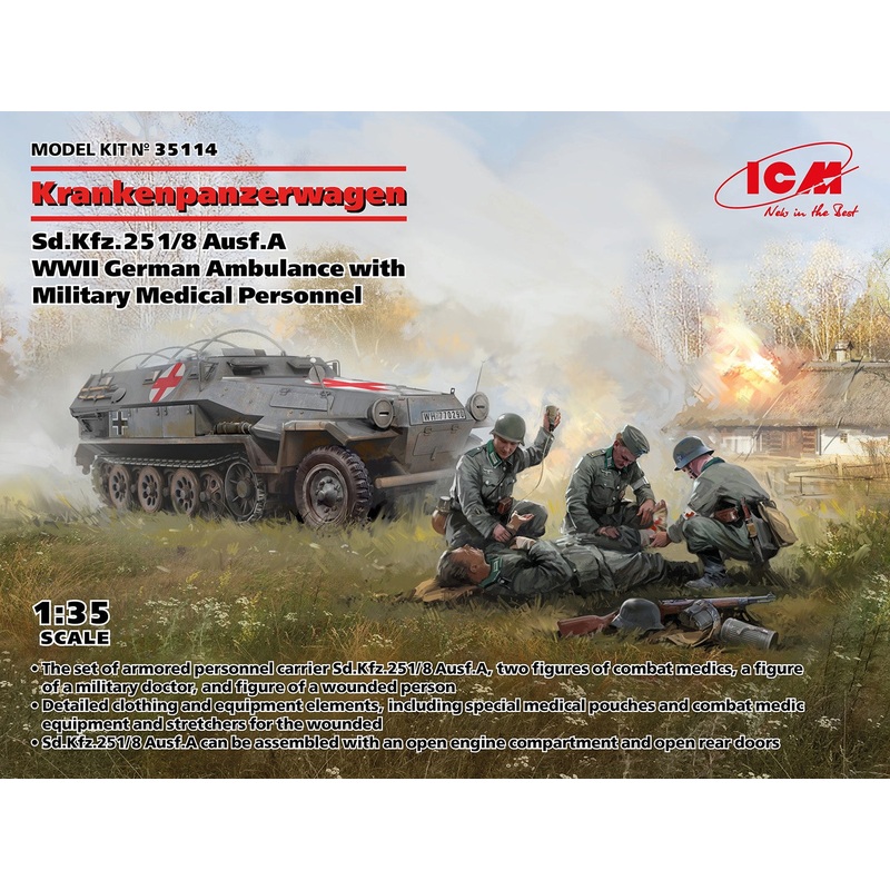 ICM - 1/35 Sd.Kfz.251/8 Ausf.A WWII German Ambulance w/ Military Medical Personnel