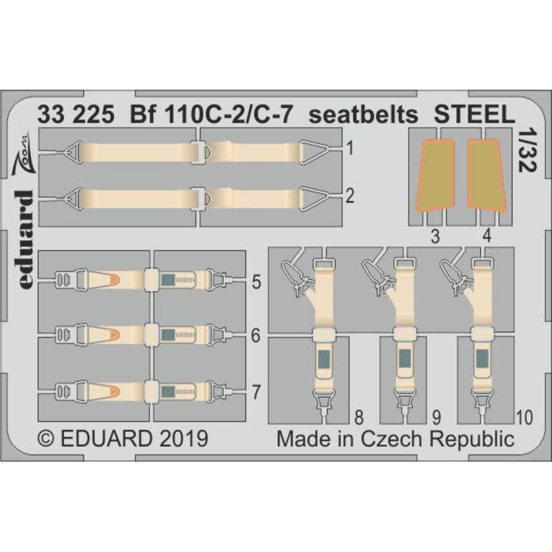 Eduard - 1/32 Bf 110C-2/C-7  Seatbelts STEEL (Color photo-etched) (for Revell) 33225
