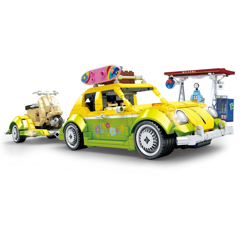 SEMBO -  VW Beetle w/Trailer and Scooter (43cm) 1409pcs (Pull Back)