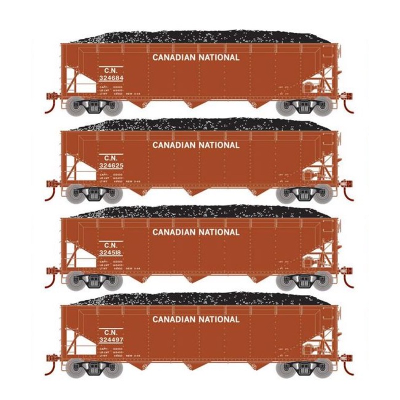 Athearn RTR 33084 HO Scale 40' Offset Coal Hopper W/Load Canadian National CN 4-Pack #1