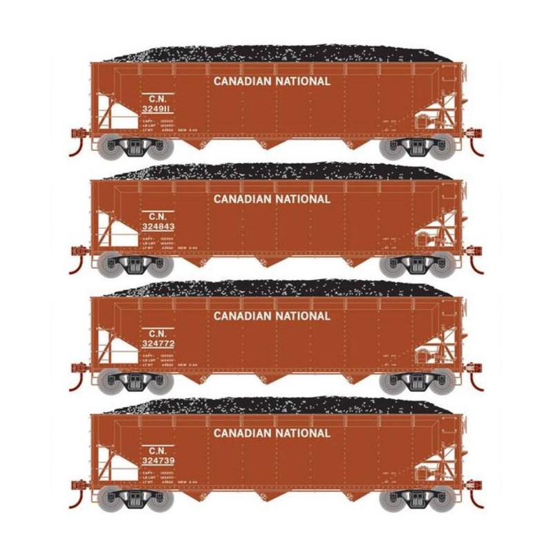 Athearn RTR 33085 HO Scale 40' Offset Coal Hopper W/Load Canadian National CN 4-Pack #2