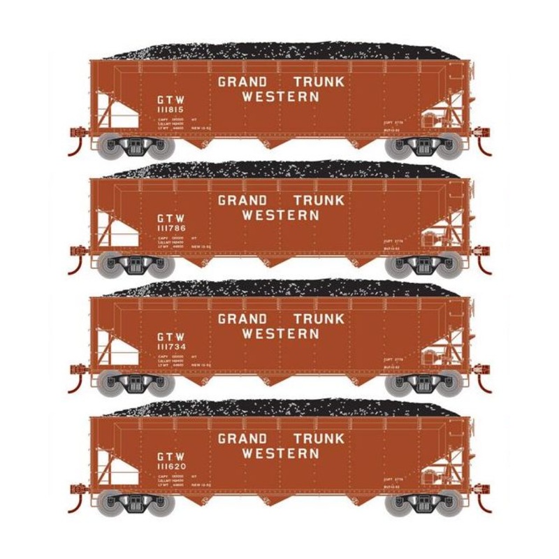 Athearn RTR 33087 HO Scale 40' Offset Coal Hopper W/Load Grand Trunk Western GTW 4-Pack #1