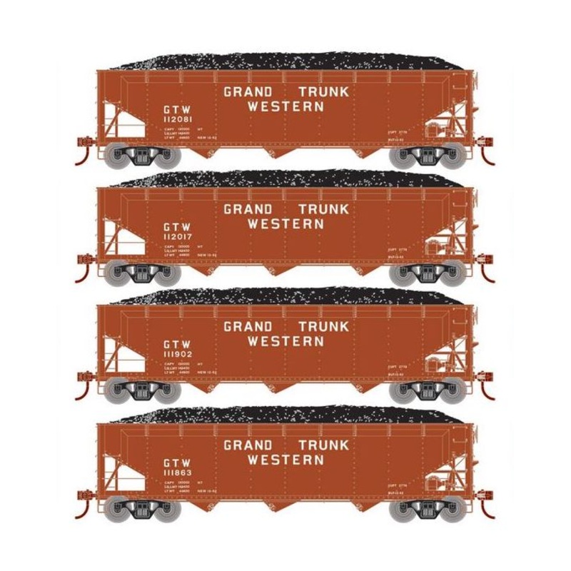 Athearn RTR 33088 HO Scale 40' Offset Coal Hopper W/Load Grand Trunk Western GTW 4-Pack #2