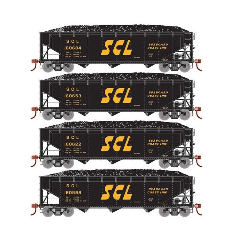 Athearn RTR 33090 HO Scale 40' Offset Coal Hopper W/Load Seaboard Coast Line SCL 4-Pack #1