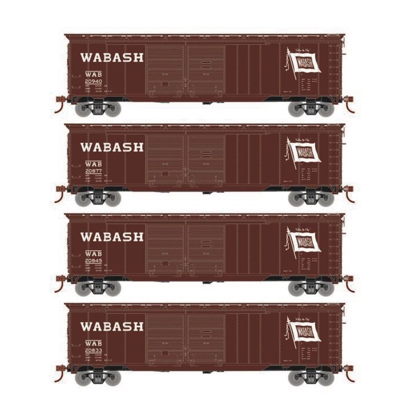 Roundhouse 1003 HO Scale 50' Double Door Boxcar Wabash WAB "Flag" 4-Pack #2