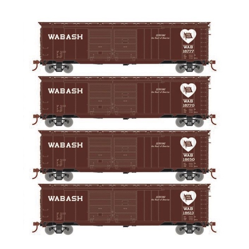 Roundhouse 1004 HO Scale 50' Double Door Boxcar Wabash WAB "Heart/Flag" 4-Pack #1