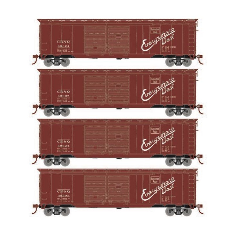 Roundhouse 1017 HO Scale 50' Double Door Boxcar Burlington CB&Q "Brown" 4-Pack #2