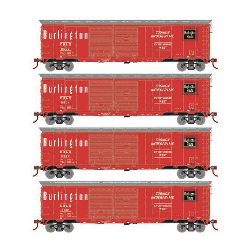 Roundhouse 1019 HO Scale 50' Double Door Boxcar Burlington CB&Q "Red" 4-Pack #1