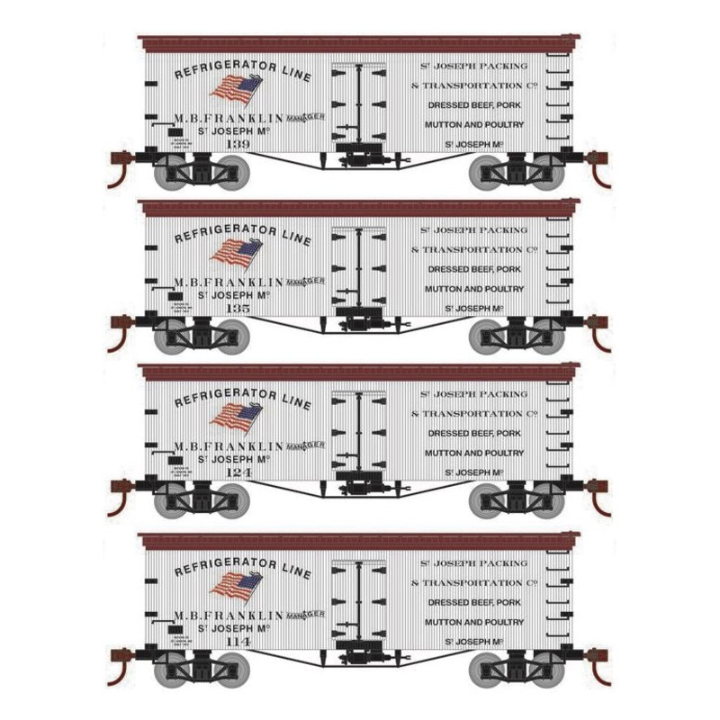 Roundhouse 1020 HO Scale 36' Wood Reefer St. Joseph Packing SJPX 4-Pack #1