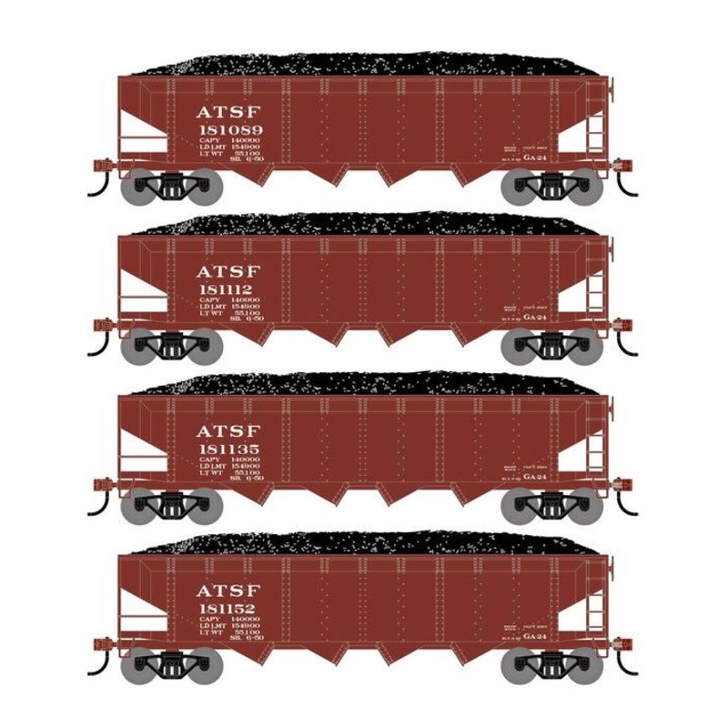Athearn RTR 1570 HO Scale 40' 4-Bay Offset Hopper W/Load Santa Fe ATSF 4-Pack #1
