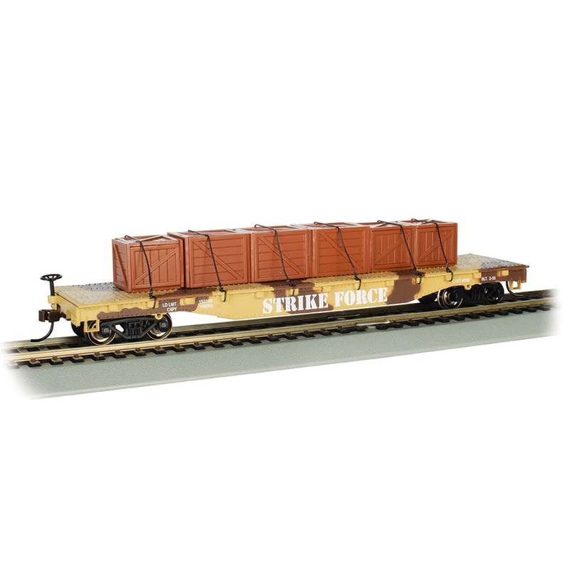 Bachmann 18934 HO Scale 52' Flatcar with Military Crate Load - Desert Camouflage