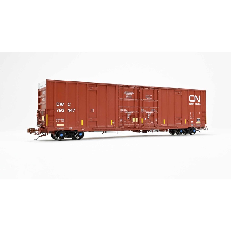 ScaleTrains Rivet 41002 HO Scale Trinity 60' 7500 12' Plug-Door High-Cube Boxcar Canadian National DWC 793478 (with Conspicuity Stripes)