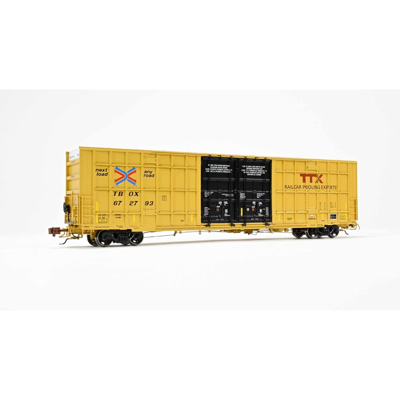 ScaleTrains Rivet 41017 HO Scale Trinity 60' 7500 12' Plug-Door High-Cube Boxcar TTX TBOX 672983 (Red Logo with Conspicuity Stripes)