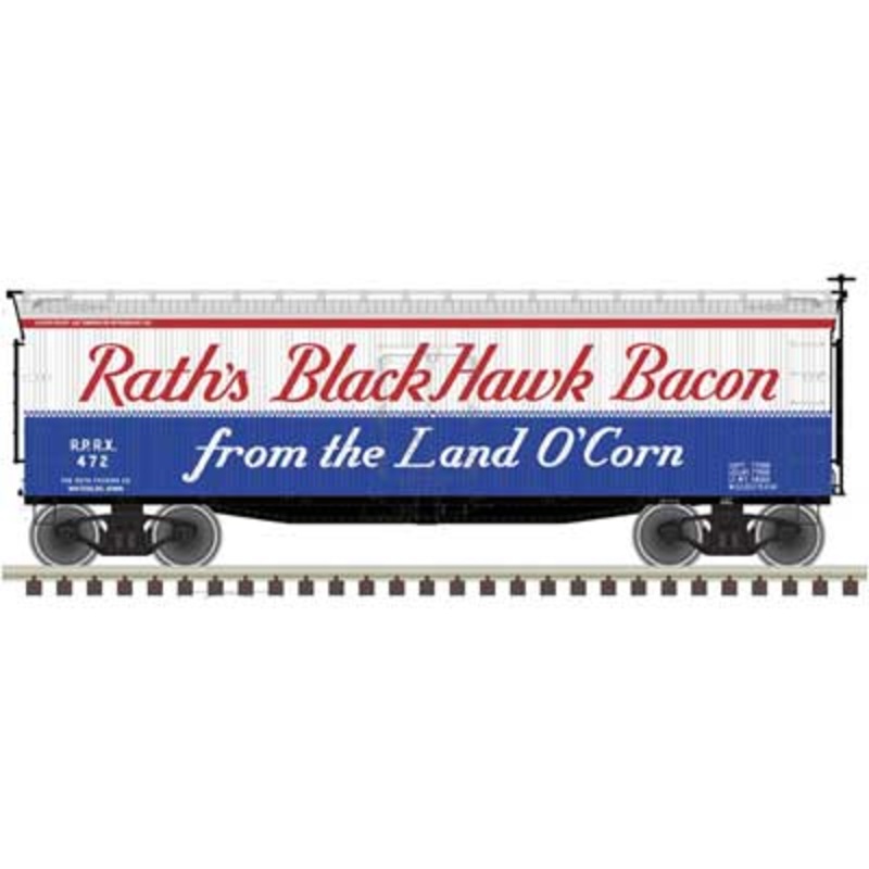 Atlas 20005837 HO Scale 40' Wood Reefer Rath's Black Hawk Bacon RPRX 478