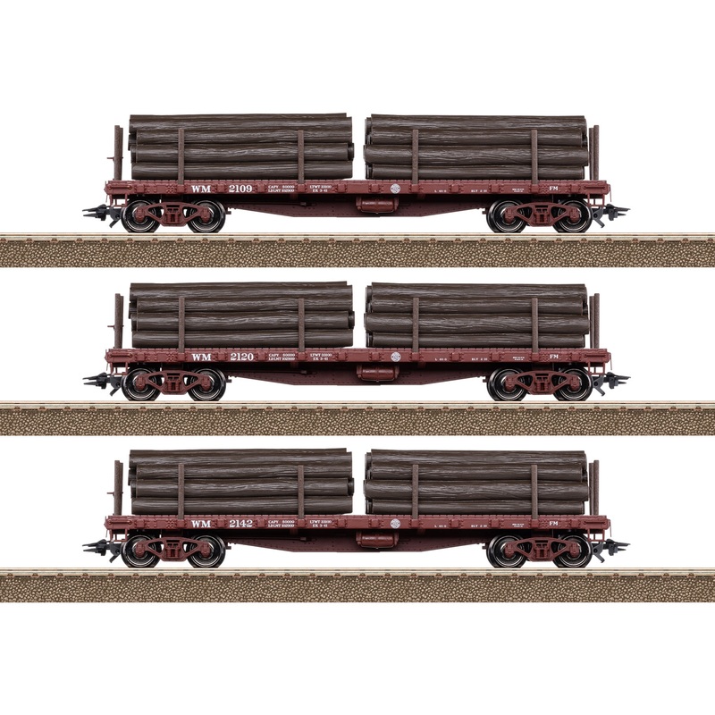 Trix 24922 HO Scale 40' Flat Car with Mining Timber Load Western Maryland (3 Pack)