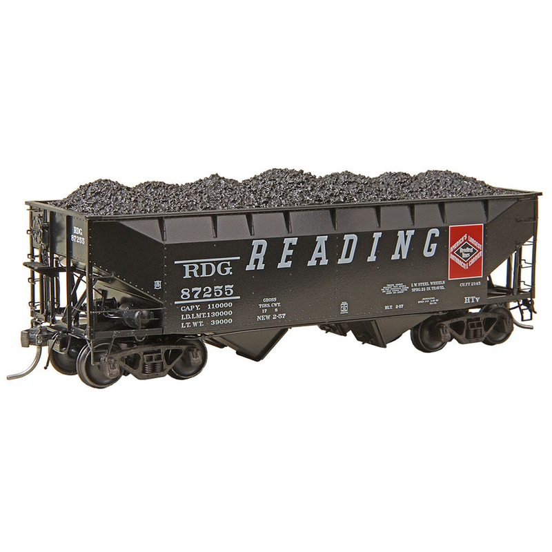Kadee 7523 HO Scale 50 Ton AAR Standard 2 Bay Open Hoppers Reading RDG 87255 with coal load