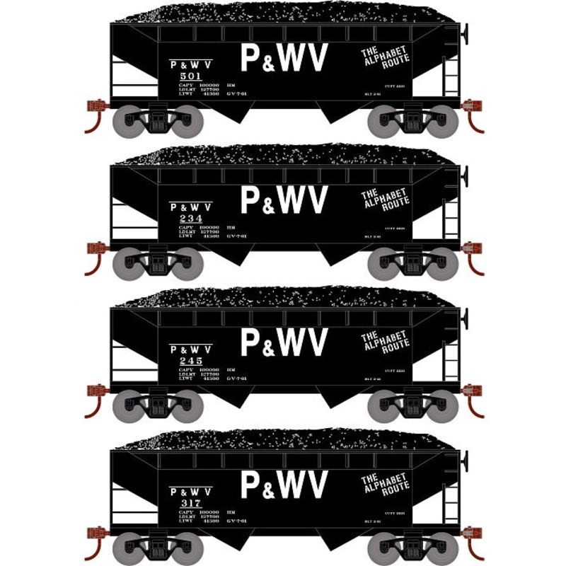Roundhouse 1292 HO Scale 34' Offset Open Hopper Pittsburgh & West Viginia P&WV 4 Pack #1