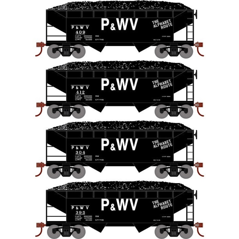 Roundhouse 1293 HO Scale 34' Offset Open Hopper Pittsburgh & West Viginia P&WV 4 Pack #2