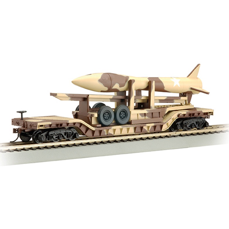 Bachmann 18340 HO Scale 52' Heavy Duty Depressed Center Flatcar with Missle - Desert Camo